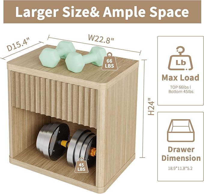 22.8" Fluted Nightstands Set of 2, Large Modern Nightstand with Drawer and Storage Shelf, Oak Finish & Cream, Mid Century Night Stands for Bedroom Living Room Sofa Couch Office, Natural Color