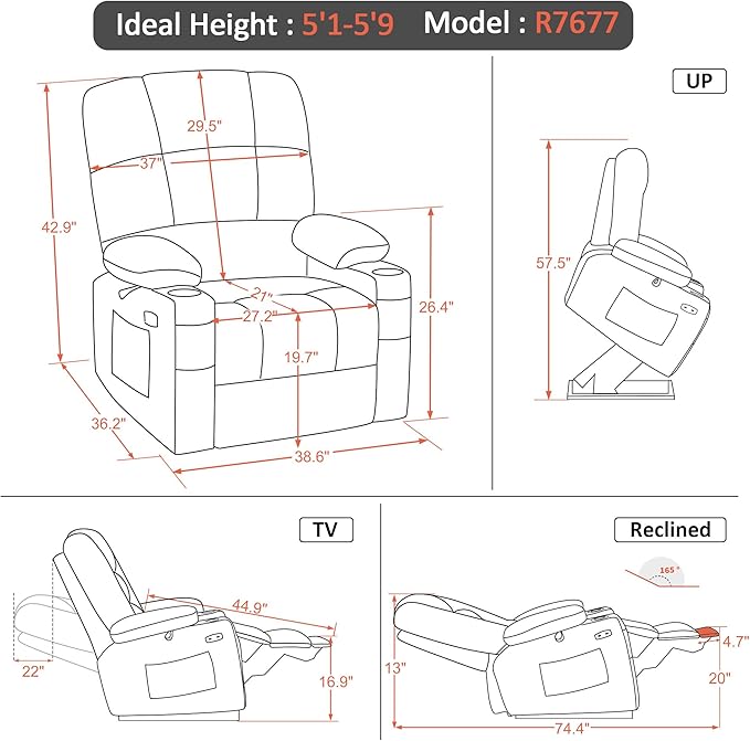 MCombo Oversized Dual Motor Power Lift Recliner Chair Sofa with Massage and Heat for Big Elderly People, Infinite Position, USB Ports, Faux Leather R7677 (Dark Brown, Medium-Oversize)