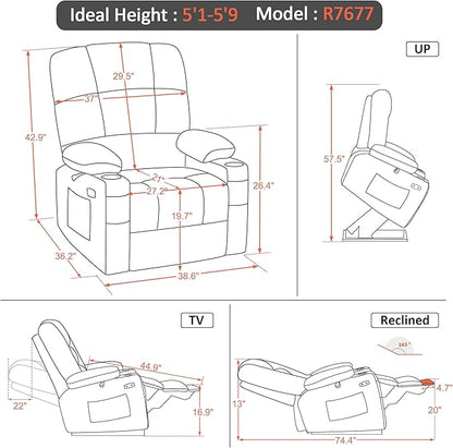 MCombo Oversized Dual Motor Power Lift Recliner Chair Sofa with Massage and Heat for Big Elderly People, Infinite Position, USB Ports, Faux Leather R7677 (Dark Grey, Medium-Oversize)