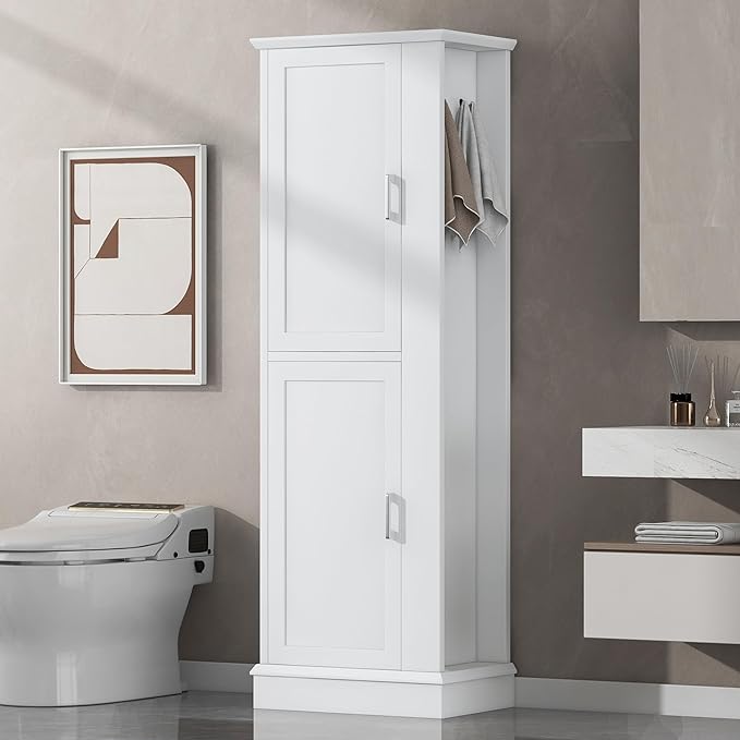 Tall Storage Cabinet, Bathroom Floor Freestanding Storage Cabinet with Hook and Adjustable Shelf for Bathroom, Office, Living Room, White