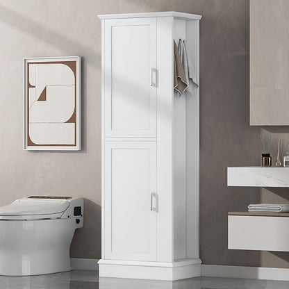 Tall Storage Cabinet, Bathroom Floor Freestanding Storage Cabinet with Hook and Adjustable Shelf for Bathroom, Office, Living Room, White