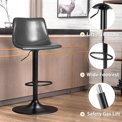LEMBERI Bar Stools Set of 2, Modern Adjustable Swivel Barstools Counter Height with Backrest, Faux Leather Upholstered Bar Chairs for Kitchen Island, Grey