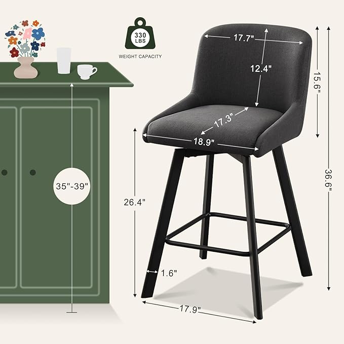 Swivel Counter Height Bar Stools Set of 6, 26''H Upholstered Barstools with Backs, Modern Bar Stool Chairs for Kitchen Island, Metal Legs, Fabric, Black Grey Stools Counter Chair