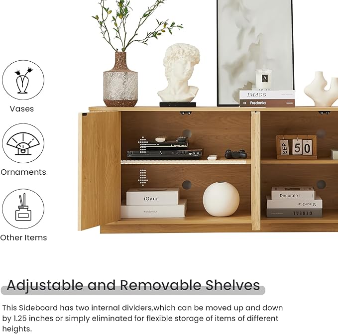LKTART 64" Sideboard Buffet Cabinet with Storage, Wooden Fluted Storage Cabinet Sideboard Credenza with Adjustable Shelves Pressed Spring for Kitchen Living Room (Natural Oak)