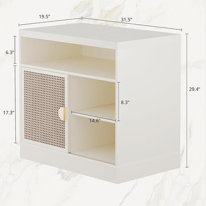 Modern Wood Accent Cabinet with Sliding Door, Adjustable Open Shelves & Gold Handle Storage Cabinet for Home Office, 31W*20D*29H, White Rattan