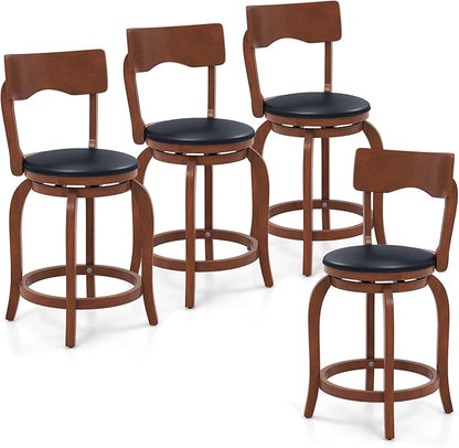 COSTWAY Bar Stools Set of 4, 24 Inch Swivel Counter Height Chairs with Rubber Wood Frame, Upholstered Seat, High Back Barstools for Kitchen Island, Home Bar, Pub, Brown (4, Seat Height: 24”)