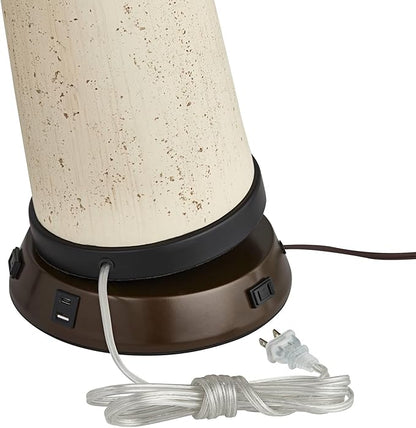 Possini Euro Design Cosgrove Mid Century Modern Table Lamp with USB and AC Power Outlet Workstation Charging Base 26.5" High Textured White Ceramic Light Brown Linen Drum Shade for Living Room
