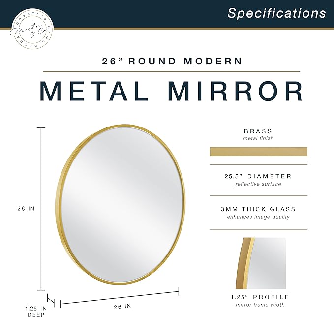 MCS Master & Co. 26in Round Brass Black Mirror, Modern Wall Hanging Large Mirror for Bathroom, Bedroom & Livingroom
