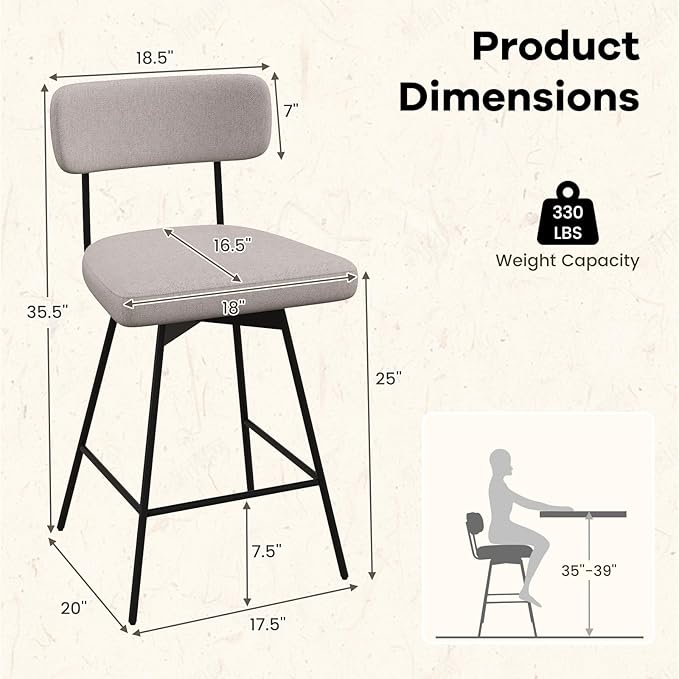 COSTWAY Bar Stools Set of 2, 25” Upholstered Counter Height Bar Stools with Back, 360° Swivel Dining Chairs with Heavy-Duty Metal Legs and Footrests, for Kitchen Island, Dining Room, Bar (2, Beige)