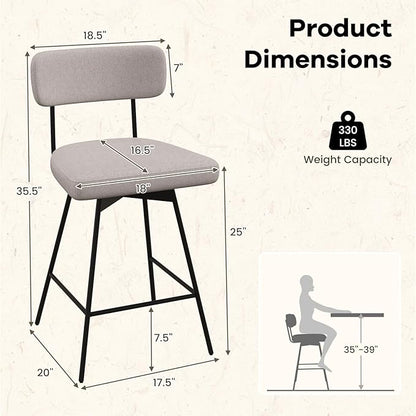 COSTWAY Bar Stools Set of 2, 25” Upholstered Counter Height Bar Stools with Back, 360° Swivel Dining Chairs with Heavy-Duty Metal Legs and Footrests, for Kitchen Island, Dining Room, Bar (2, Beige)