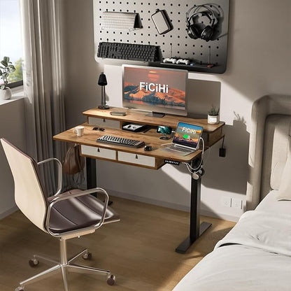 FiCiHi Adjustable Height Standing Desk with 4 Drawers,48 x 30 inches Electric Sit Stand Home Office Desk with Two Tiers, 3 Memory Presets, Monitor Stand Riser, USB A/C Charging Port