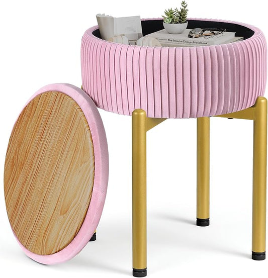 18-Inch Velvet Vanity Stool Chair with Storage, Vanity Bench with 4 Golden Metal Legs & Anti-Slip Adjustable Feet,Round Storage Ottoman Stool with Removable Soft Padded Seat, Pink