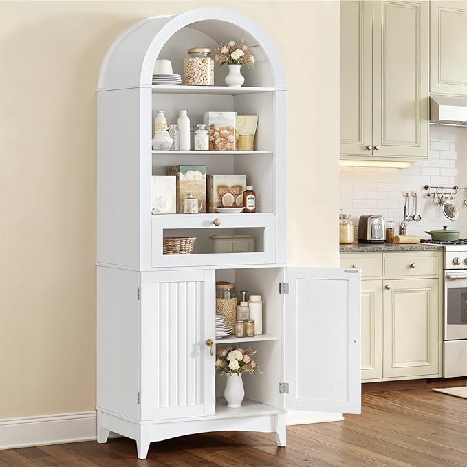 66" Tall Bathroom Storage Cabinet with Flip Drawer, Freestanding Storage Cabinet with Doors & Shelves,Arched Cabinets for Bathroom, Living Room, Kitchen, Laundry, White