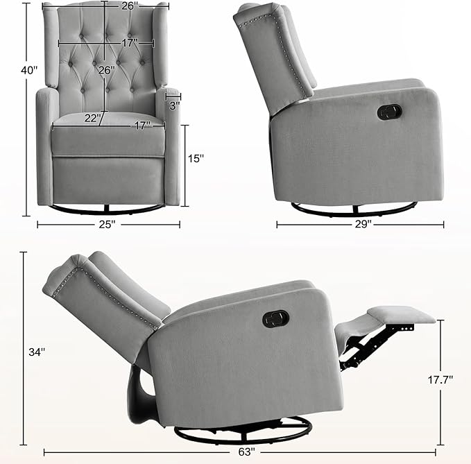 ABAKAN Swivel Rocker Recliner Chair, 360 Degree Nursery Rocking Recliner, Linen Glider Chair with Button Tufted Wingback Chair, for Living Room, Bedroom, Grey