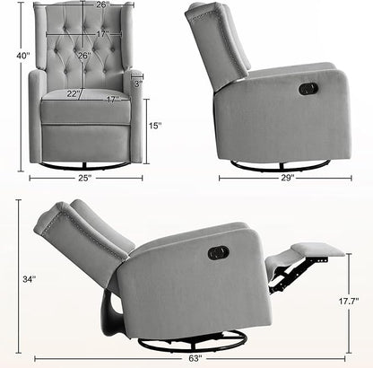 ABAKAN Swivel Rocker Recliner Chair, 360 Degree Nursery Rocking Recliner, Linen Glider Chair with Button Tufted Wingback Chair, for Living Room, Bedroom, Grey