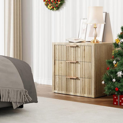 Night Stand with 3 Drawers, 23" Wide Modern Bedside Table with Large Storage, Fluted Bed Side End Table with Metal Handle, Tall Nightstand for Bedroom, Living Room, Office, Nature, Set of 2