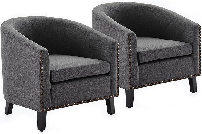 BELLEZE Accent Barrel Chair Set of 2, Modern Tub Club Chair Upholstered Armchair with Gold Nail Head Trim and Black Legs for Living Room Bedroom Apartment Lounge - Gray/Linen