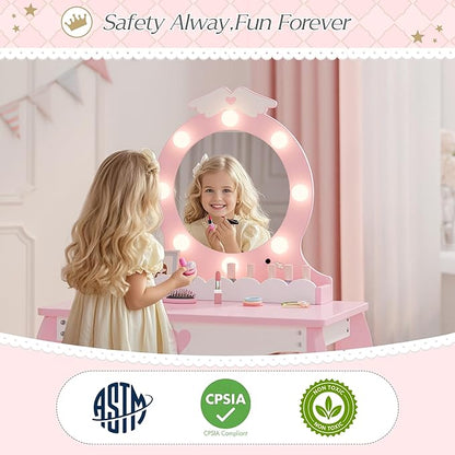 MU Kids Vanity Set with Lighted Mirror and Stool, Kids Make Up Vanity Desk with Storage Space, Wing Pattern for Little Girls, Toddler Princess Makeup Dressing Table with Chair Set, Pink