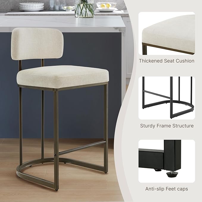 26" H Counter Height Bar Stools Set of 2, Modern Linen Fabric Upholstered Barstools with Backrest for Kitchen Island, Gold Metal Frames, Linen