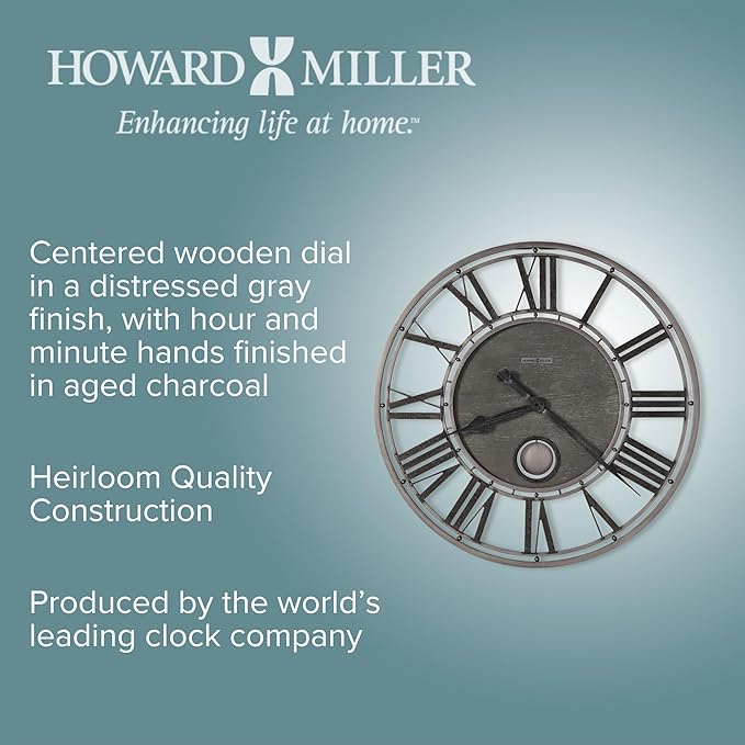 Howard Miller Marius Gallery Wall Clock- Modern Timepiece Battery Powered Alarm Clock- Quartz Movement with Roman Numerals Wall Clock for Living Room, Bedroom, Kitchen, Patio and Office Décor