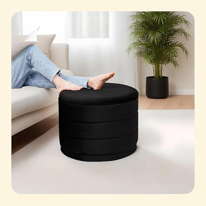 PINPLUS Large Round Velvet Storage Ottoman, Black Upholstered Footstool with Hidden Storage, Sturdy Coffee Table Ottoman for Living Room & Bedroom