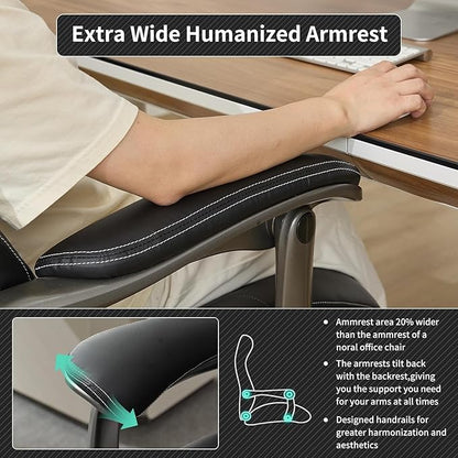 Big and Tall Office Chair with Wide Area Armrest, 600lbs Heavy Duty Desk Chair with Adjustable Lumbar Support, PU Leather High Back Ergonomic Executive Computer Chair with 3'' Silent Casters