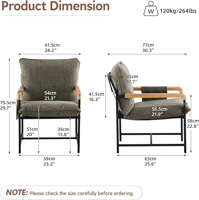 CLIPOP Modern Accent Chair, Modica Fabric Comfy Reading Chair with Wood Arms, Removable Cover, Side Pocket, Soft Cushion, Leisure Living Room Armchair for Bedroom, Home Office, Green