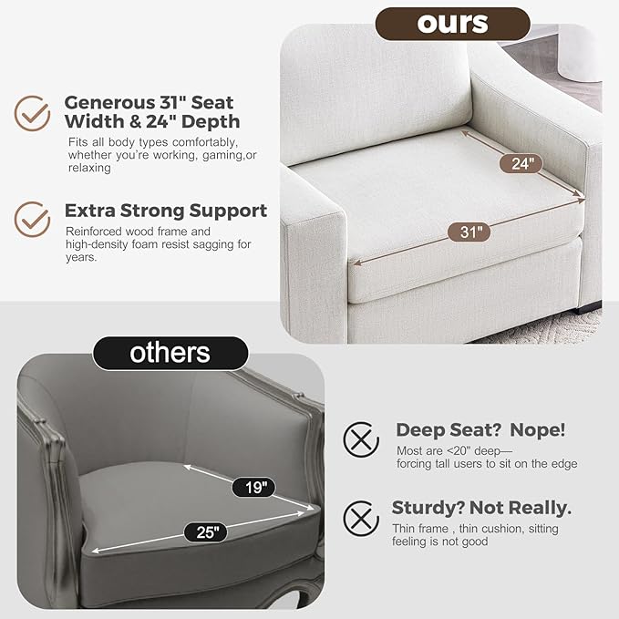 ABCASA 47" W Oversized Accent Chair, Comfy Upholstered Sofa Chair with Large Seat and Wide Armrest, Pet-Friendly Modern Lounge Armchair for Living Room/Apartment/Bedroom, Premium Linen, Ivory