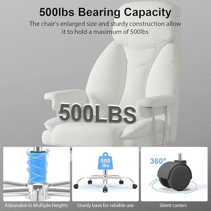 Big and Tall Office Chair, Executive Home Office Desk Chair, Comfy Leather High-Back Reclining Computer Chair with Retractable Footrest and Padded Arms, 360°Swivel Rolling Wheels, Wide Seat, White