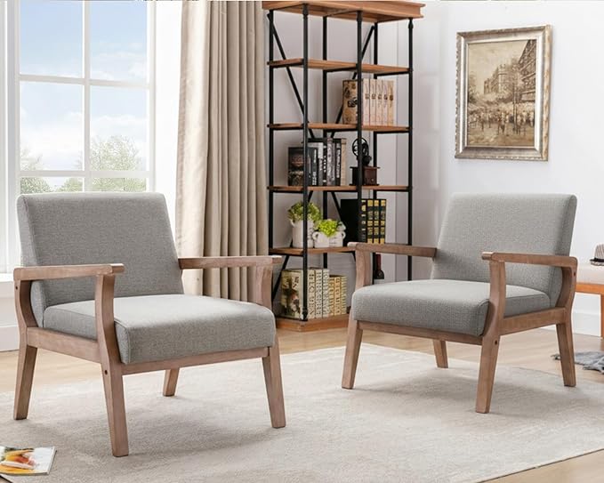 HNY Mid Century Modern Accent Chairs Set of 2 with Wood Frames, Linen Upholstered Living Room Arm Chairs for Living Room, Bedroom, Grey