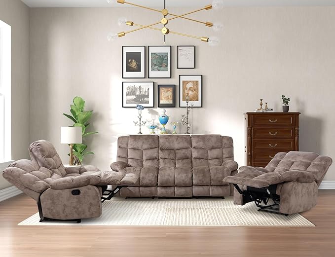 CANMOV Manual Reclining Sofa, 3 Seat Recliner Sofa with Armrest and Overstuffed Backrest, Couch Set for Living Room, Bedroom, Office, Light Brown