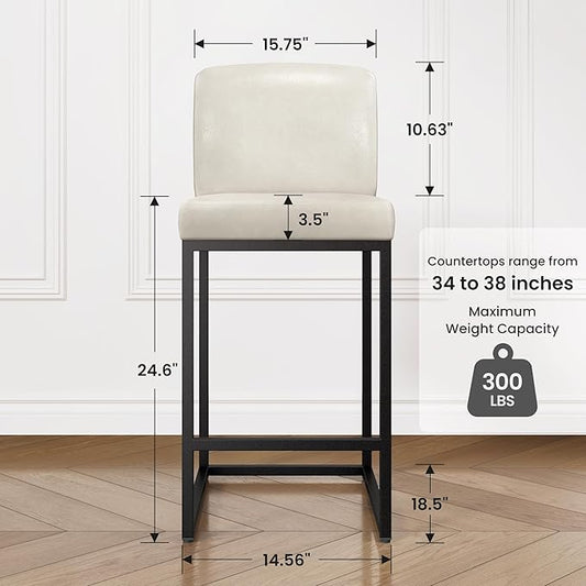 PHI VILLA Leather Bar Stools Set of 3, Modern Counter Height Bar Stool Kitchen Counter Chairs, 24 Inch Barstools with Back