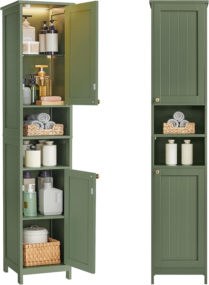 VASAGLE Tall Storage Cabinet with Lights, Slim Freestanding Cabinet with Adjustable Shelves, for Small Spaces, Bathroom, Living Room, Modern, 15.7 Inches Wide, Forest Green UBBC766C01