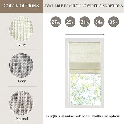 Madison Park Kyler Cordless Roman Shades - Single Panel, Lightweight Linen Blend Fabric, Natural Design, Easy Installation, Light Filtering Window Blind, Bedroom, Living Room Decor 29"W x 64"H Ivory