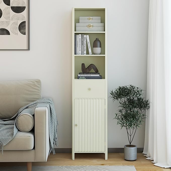 Tangkula 67" Tall Bathroom Cabinet, Narrow Floor Cabinet w/Fluted Door, 3 Open Shelves & 1 Drawer, Freestanding Storage Organizer w/Adjustable Shelf & Anti-tip Kit for Kitchen, Living Room (Beige)