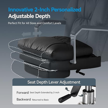 Reclining Office Chair with Footrest - 25.6" Wide Seat & Adjustable Seat Depth, Big and Tall High Back Leather Executive Home Office Desk Chair 400lbs, Black
