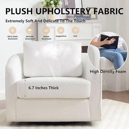 MINCETA Oversized Accent Chair for Living Room, 360° Swivel Barrel Chair with High Density Foam, Modern Glider Chair with Performance Fabric Upholstered Armchair for Apartment, Bedroom White
