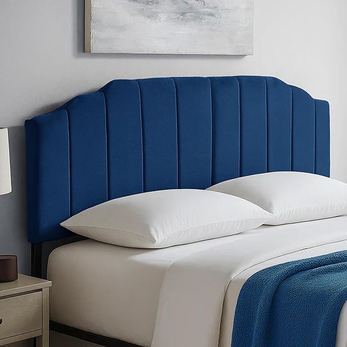 Upholstered Headboard Adjustable Height Queen/King Headboard Cream Velvet Tufted Modern Vertical Channel Design with Stepped Silhouette Top Edge(Blue Queen)