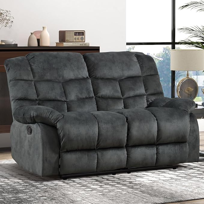 CANMOV Manual Loveseat Recliner, 2 Seat Recliner Sofa Chair with Armrest and Overstuffed Backrest, Couch Set for Living Room, Bedroom, Office, Grey