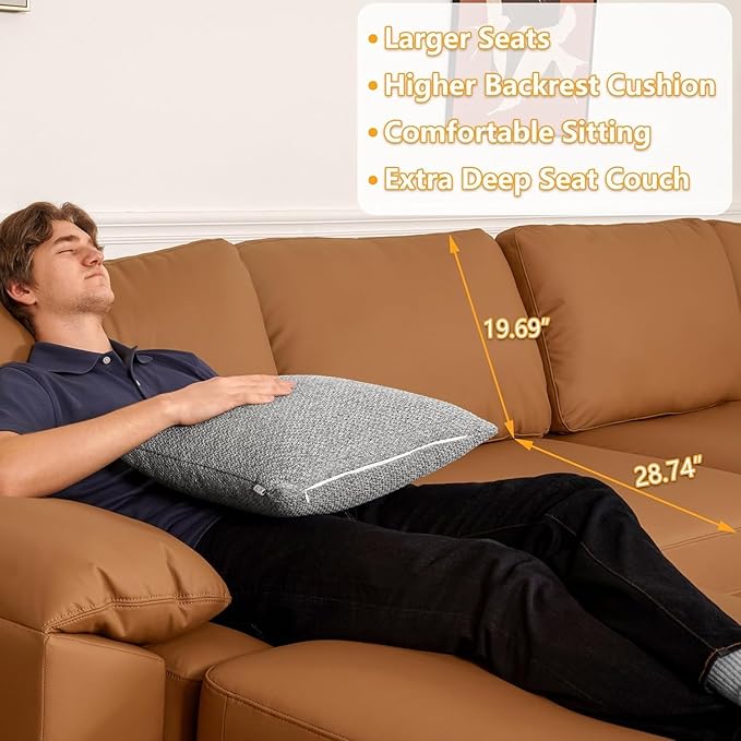 EASE MOOSE Leather Sectional Couch, Oversized Modular Sectional Sofas, Wide Deep Seat Modular Couch, Scratch Resistant Faux Leather Material, L Shaped Sofa for Big Spaces, Brown