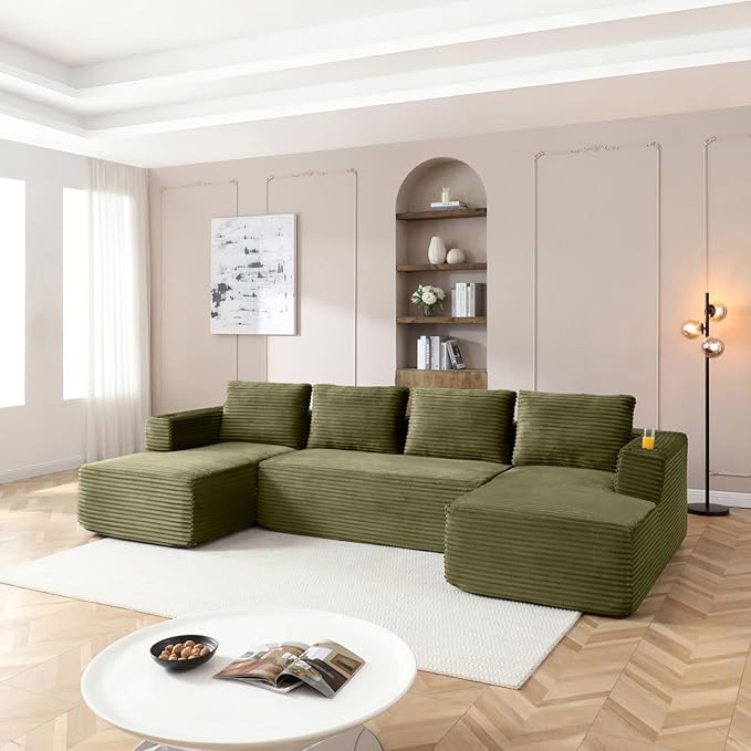132 Inch Modular Sectional Sleeper Sofa, Boneless Cloud Couch for Living Room, U Shaped 5 Seat Sofa with 2 Cup Holders, Free Combination, No Assembly Required (Green)