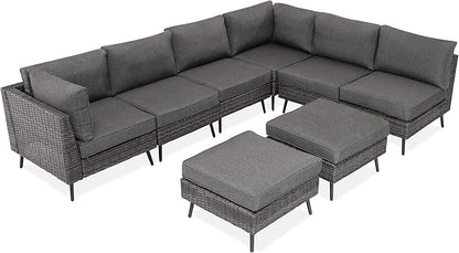 LAUSAINT HOME 8 Piece Outdoor Sectional Sofa PE Rattan Patio Conversation Sets, All Weather Patio Furniture Set with Thick Cushions for Garden, Poolside, Backyard (Grey)