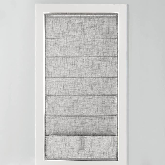 Madison Park Kyler Cordless Roman Shades - Single Panel, Lightweight Linen Blend Fabric, Natural Design, Easy Installation, Light Filtering Window Blind, Bedroom, Living Room Decor 27" W x 64" H Grey
