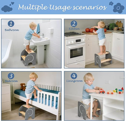 Wooden Step Stool - Two Step Stools Toddler 250 lbs Capacity with Safety Non-Slip Pads - Potty Training Stool for Bathroom Sink, Bedroom, Kitchen Dual Height Step Stools for Kids(Elephant|Gray)