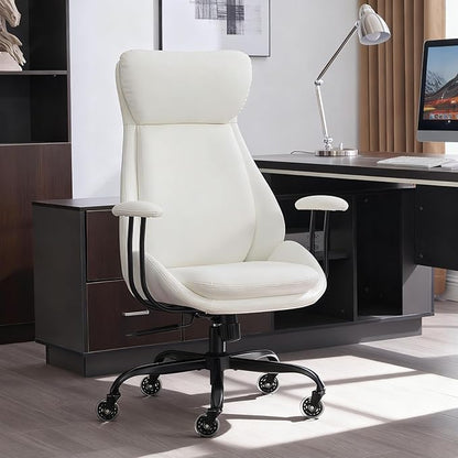 Home Office Desk Chair, PU Casters Ergonomic Computer Chair with Lumbar Support, Adjustable Height, 360°Rolling Swivel Chair, High Back Executive Task, Padded Armrests Chair, White Leather