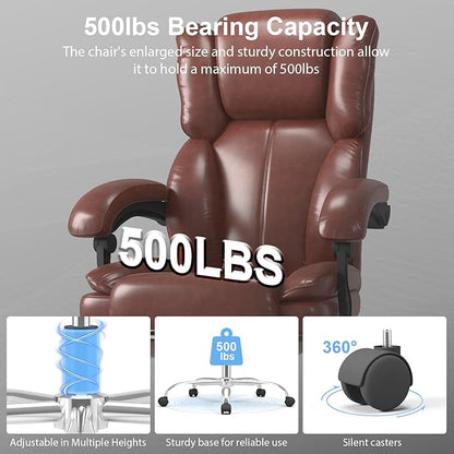 Big and Tall Office Chair, Executive Home Office Desk Chair, Leather Computer Chair with Retractable Footrest, Adjustable Headrest and Reclining Height, Padded Arms, 360°Swivel Free, Wide Seat, Brown
