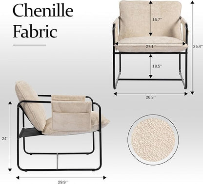 Modern Accent Chair Set of 2 Comfortable Living Room Chairs with Armrests, Bedroom Reading Chair, Chenille Upholstered Lounge Metal Chair