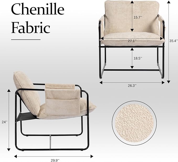 Modern Accent Chair Comfortable Living Room Chairs with Armrests, Bedroom Reading Chair, Chenille Upholstered Lounge Metal Chair