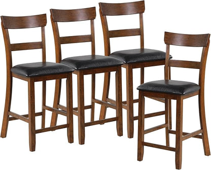 COSTWAY Counter Height Bar Stools Set of 4, 25.5 Inch Mid Century Modern Wooden High-top Chairs with Backrest, Rubber Wood Legs, Faux Leather Seat, Farmhouse Barstools for Kitchen Island, Pubs