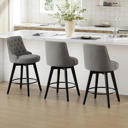 Watson & Whitely Modern Swivel Bar Stools, Performance Fabric Upholstered Counter Height Bar Stool with Back, Solid Wood Legs, 26" H Seat, Set of 2, Flint Grey